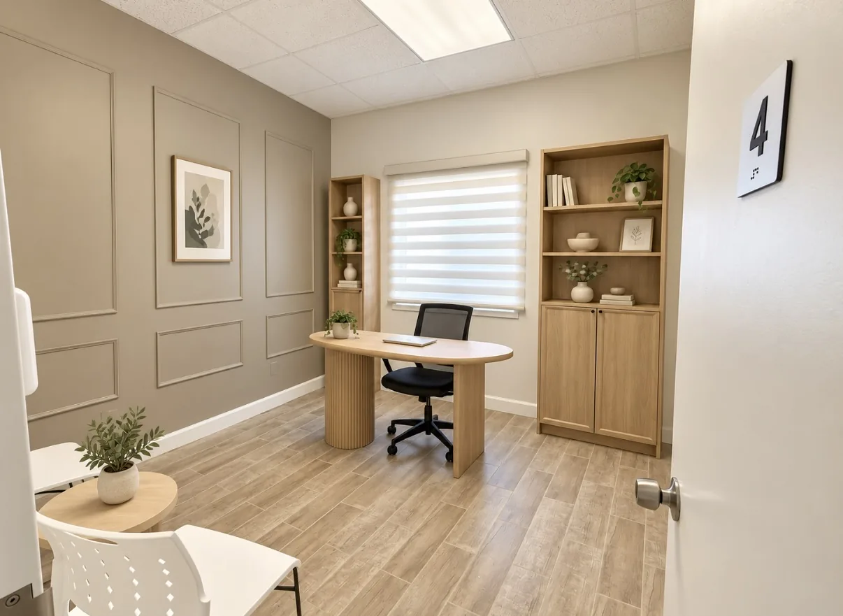 Consultation room with laptop for telehealth visits at Las Vegas Medical and Wellness